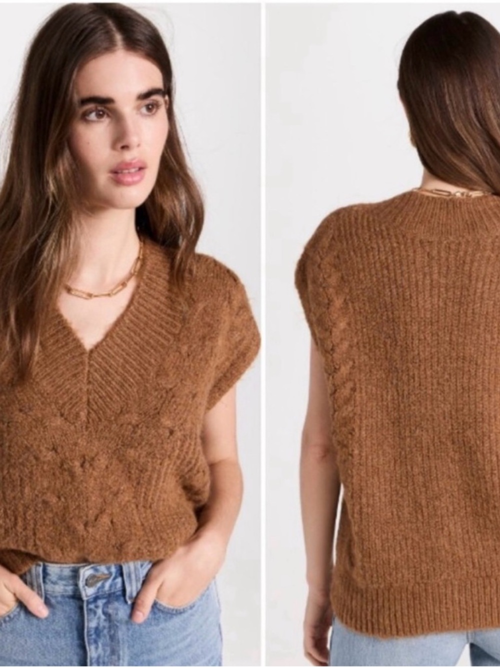 Pistola Brown V-Neck Cable Knit Sweater Vest